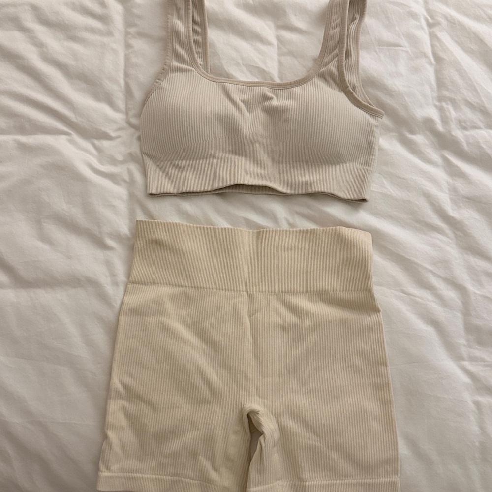 Seamless Ribbed Cream Bralette and Shorts Set